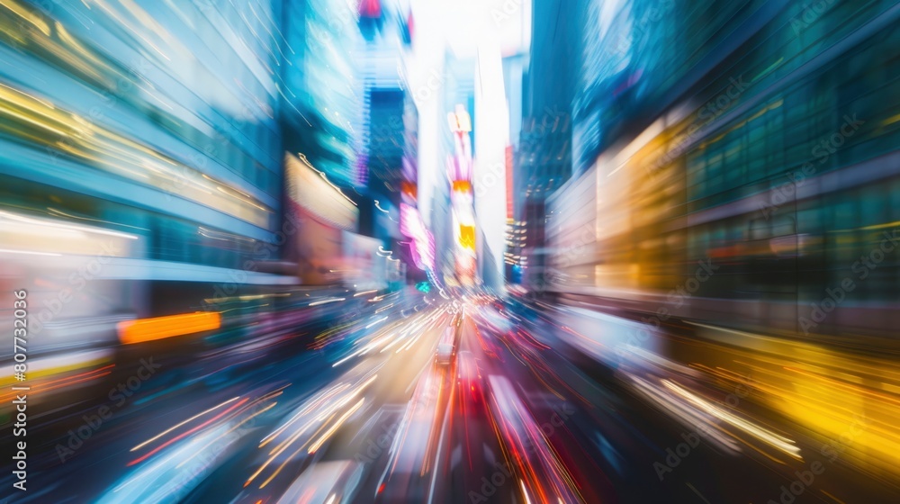 A blurry cityscape with cars and buildings in the background