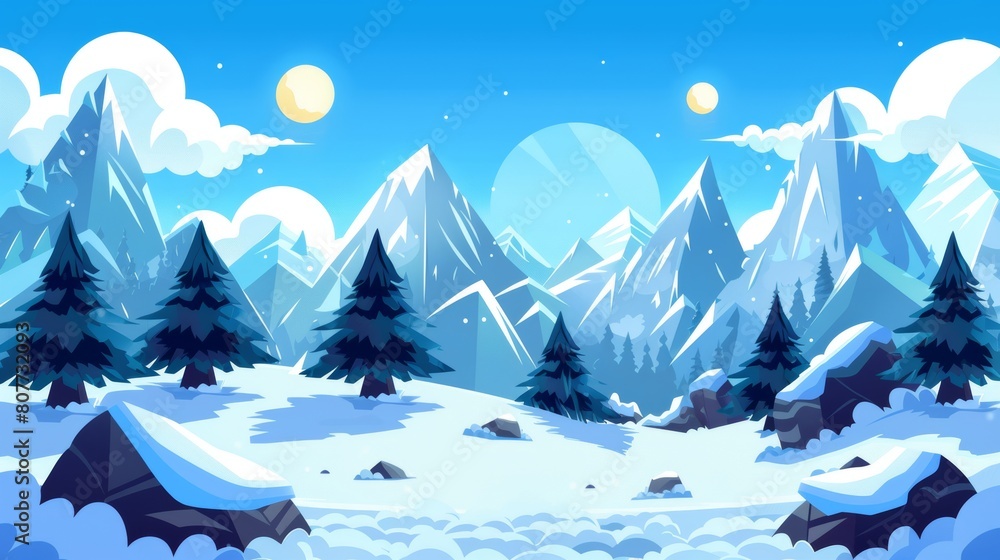 Stunning winter landscape with a sunny day covered with snow and ice. Cartoon modern background of trees and snowy hills, blue sky with clouds. Scenery in the cold north.