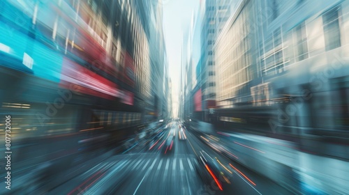 A blurry city street with cars and buildings in the background