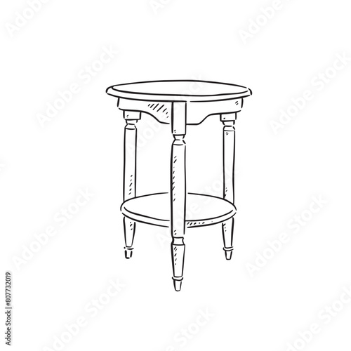 A line drawn illustration of a side table in black and white. Drawn by hand in a sketchy style and. vectorised for a variety of uses.