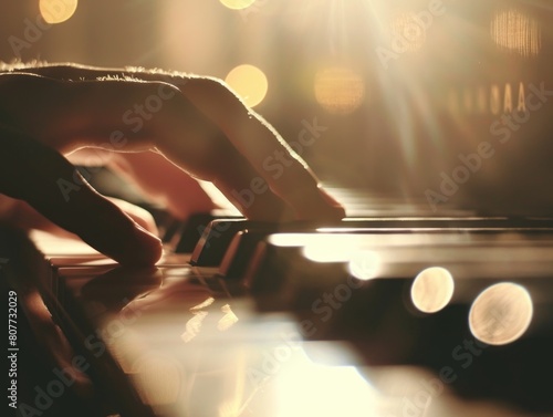 A person's hand is playing a piano, with the keys illuminated by the sun