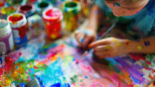 A child is painting on a table with many different colors of paint