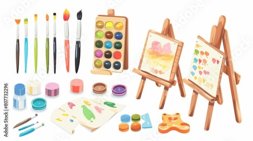 An easel and paint brush set for artist cartoons. An oil, gouache, rubber, stationary and accessory graphic kit design for creative leisure hobbies.