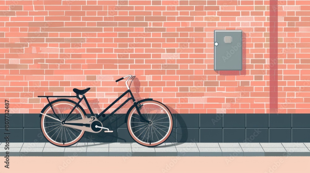 A black bicycle is parked against a brick wall