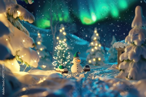 A snow-covered forest with a Christmas tree and a snowman
