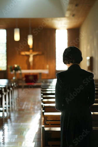 Contemplative person in church with a crucifix background. Generative AI image photo