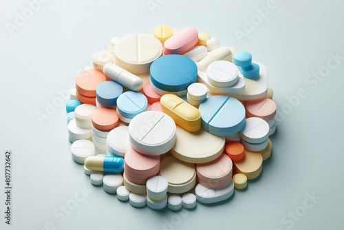 Close-up composition of tablets in various shapes and colors against a clear, simple background. Vivid display of pharmaceutical diversity,