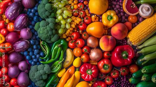 Top view of colorful vegetables and fruits arranged in a rainbow color gradient