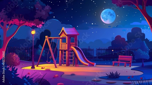 The night school playground slide and play equipment at full moon midnight. Kindergarten park landscape with swing and sandbox. Urban childcare place for kids. photo