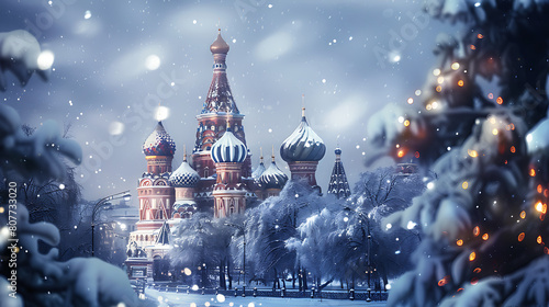 A shot of Saint Basil's Cathedral during a snowy winter. Generative AI illustration  photo