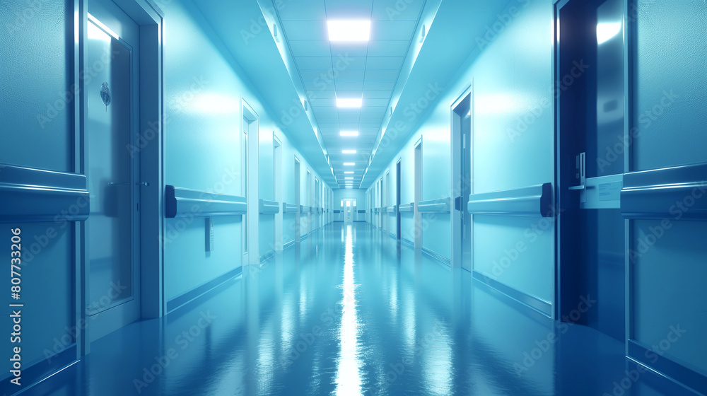 Bright blue corridor of a modern building with multiple doors on both sides and reflective floor. Bright blue corridor of a modern building with multiple doors on both sides and reflective floor.