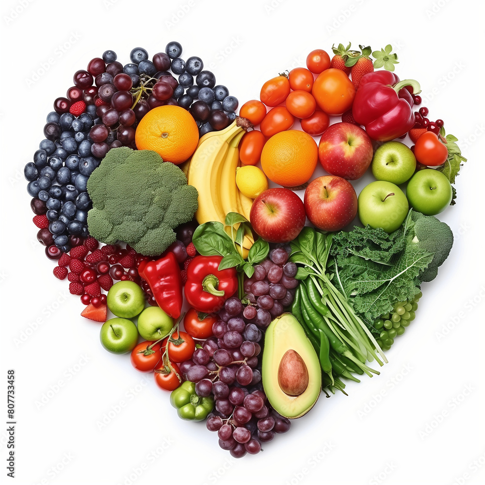 A heart shape made of various colorful fruits and vegetables, symbolizing the health benefits associated with eating an rainbowcolored healthy lifestyle on white background A heart shape made of various colorful fruits and vegetables, symbolizing the health benefits associated with eating an rainbowcolored healthy lifestyle on white background
