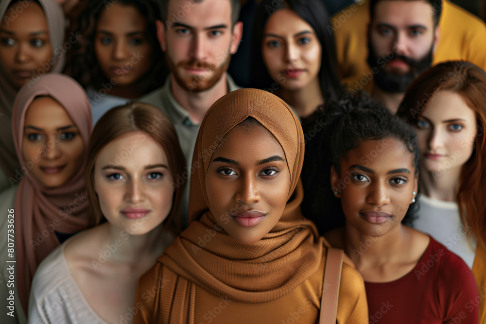 A group of people of different looks, ethnicities, all looking to camera, muted earthy tone colour palette. 