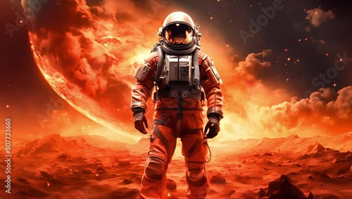 Astronauts exploring unknown planet. People wearing space suits walking on mountain landscape. Colonizing new frontier, Space exploration. Space travel and colonization concept	 photo