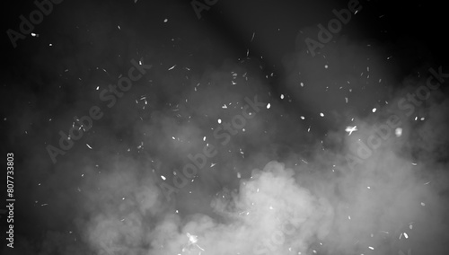 Realistic isolated fire effect particles embers on background . Smoke fog misty texture overlays.