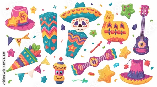 Paper pinata shaped as a cube  a star  a skull  a sombrero hat  a guitar. Cartoon graphic illustration set of Cinco de Mayo stickers.