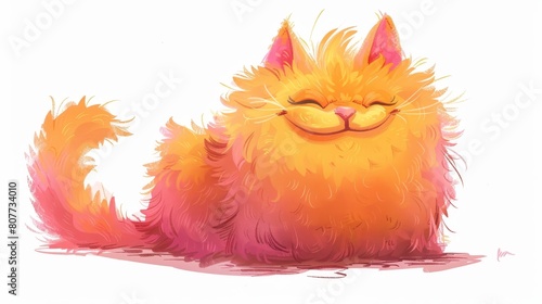 Happy fluffy pink and yellow cartoon cat, cute smiling kitty illustration with playful expression