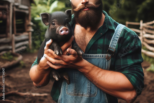 snapshot capturing a man gently holding a piglet. Environmental portrait promo image with undisclosed location, cropped for emphasis, photo