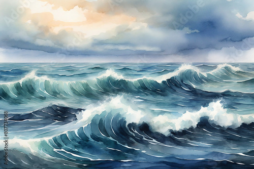 Watercolor seascape with waves and clouds. Digital painting.