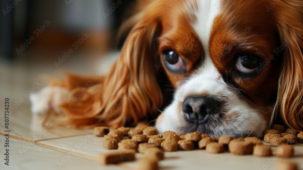 Cavalier King Charles Spaniel eats dry dog food in the foreground. pet food business.