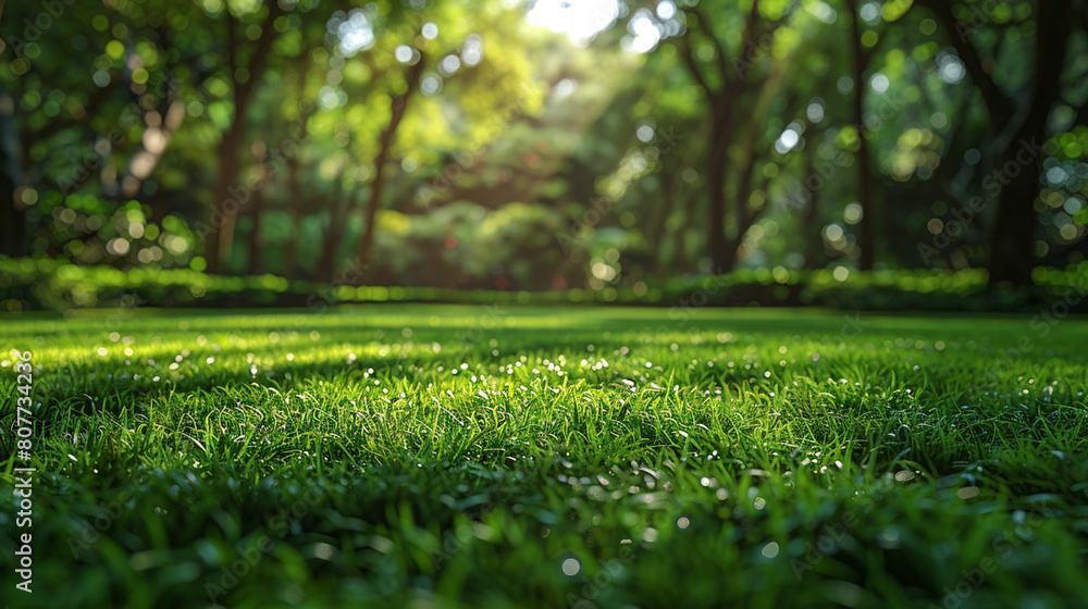 Green lawn and trees background with copyspace. Nature background concept. Generative AI Green lawn and trees background with copyspace. Nature background concept. Generative AI