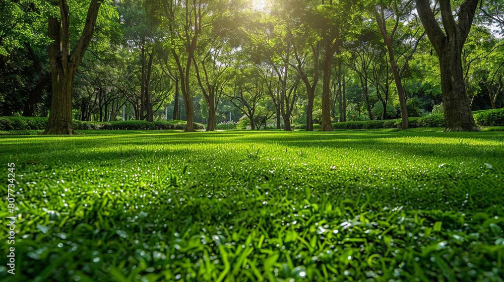 Green lawn and trees background with copyspace. Nature background concept. Generative AI Green lawn and trees background with copyspace. Nature background concept. Generative AI