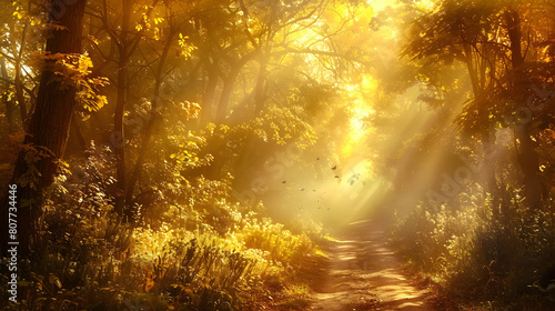 A forest path leading through the trees, bathed in golden sunlight with mist rising from it