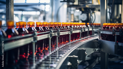 Conveyor belt, Juice in bootle on beverage factory interior. photo