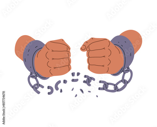 Cartoon hands in fists breaking the chain of shackle cuffs, vector hands with broken shackles, freedom, fight concept
