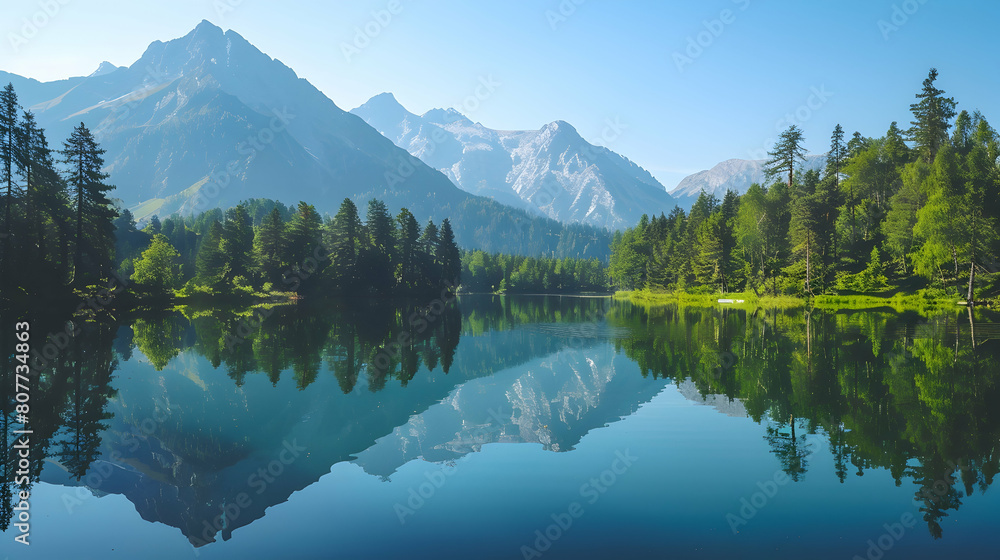 A serene mountain lake surrounded by lush green forests, reflecting the clear blue sky and majestic peaks