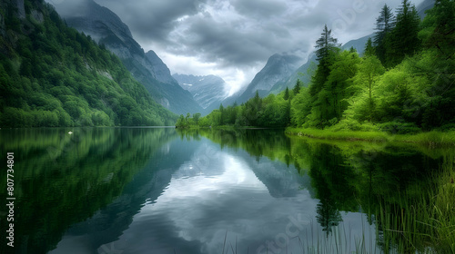 A serene mountain lake surrounded by lush green forests  reflecting the majestic peaks under a cloudy sky