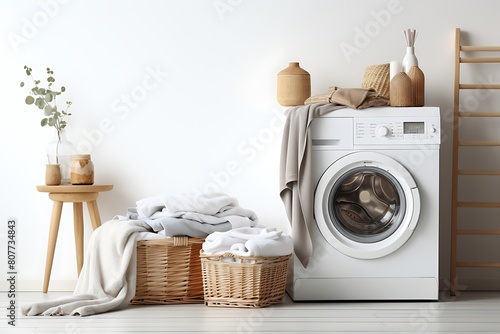 Laundry room interior with washing machine and basket of towels. 3d render
