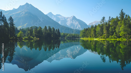 A serene mountain lake surrounded by lush green forests  reflecting the clear blue sky and majestic peaks