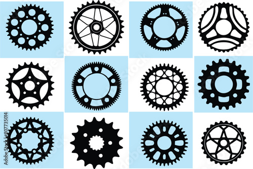 Vector set of realistic gear and bicycle stars. A profiled wheel with teeth that engages with a chain. Editable vector, easy to change or manipulate. Multipurpose designs. eps 10. © munir