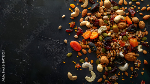 an exotic dry fruits mix, blank dark background, photo
