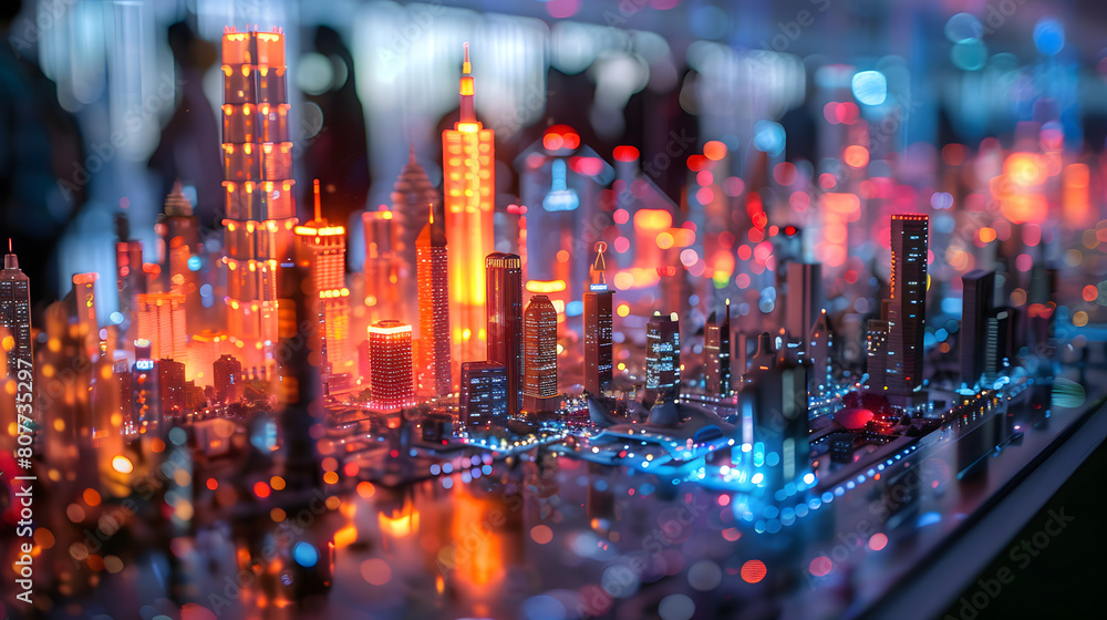 Obraz premium A futuristic cityscape model, with holographic projections in the background, during a sci-fi convention