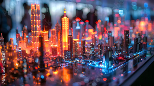 A futuristic cityscape model, with holographic projections in the background, during a sci-fi convention