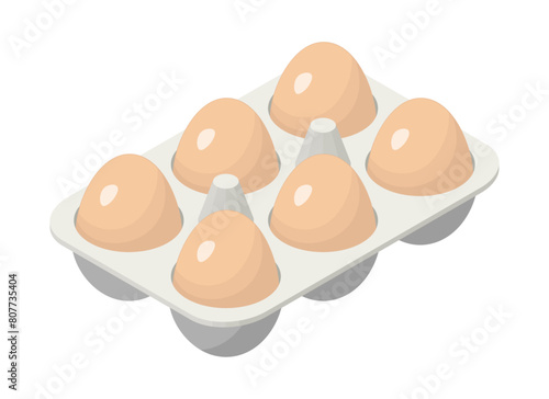 Isometric egg box with 6 brown eggs. Transparent background.	