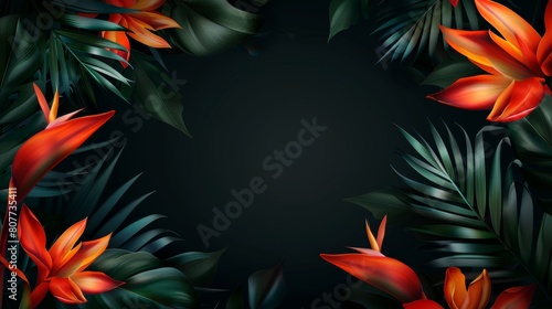 An image of tropical plants on a dark black background. A bright botanical design with lush jungle plants and exotic red golden flowers. An invitation card for a wedding, holiday sales flyer, etc.