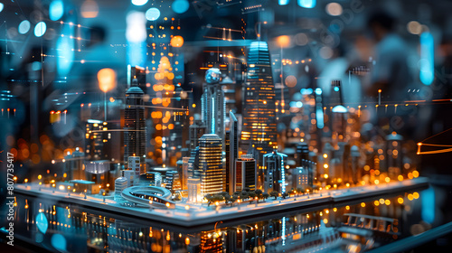 A futuristic cityscape model, with holographic projections in the background, during a sci-fi convention © CanvasPixelDreams