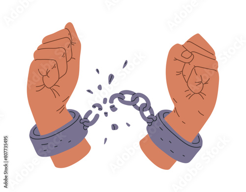 Hands with broken shackles, vector cartoon hands in fists breaking the chain of shackle cuffs, freedom, liberation fight