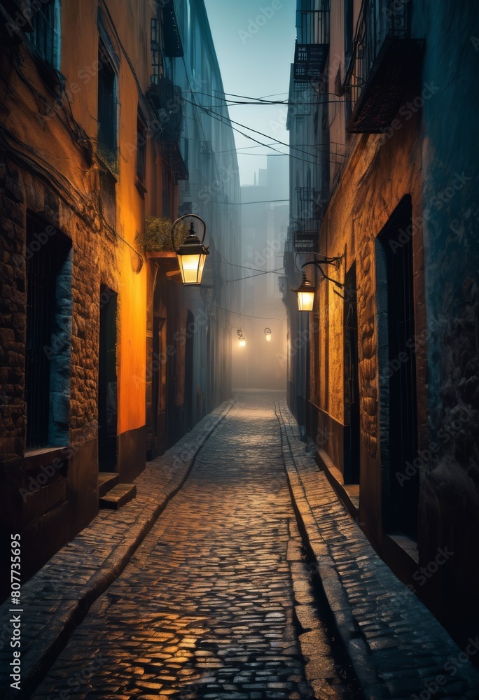 mysterious urban alleyways under atmospheric light, street, city, dark, moody, shadows, ambiance, gritty, dramatic, night, noir, cinematic, landscape, cityscape