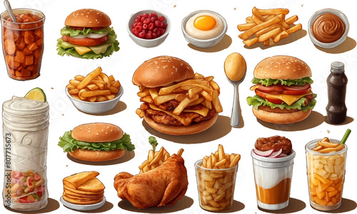 All Fast Food collection set, isolated on white background. Fried chicken, fries, pizza, sandwich, chicken nuggets, eggs and bacon, shawarma, prawns. Junk food of Fast Food set. Closeup of fast foods.