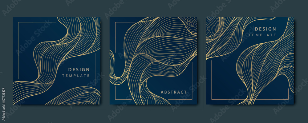 Obraz premium Vector set japanese style wave patterns, sea, organic line textures, line graphic illustrations, Square cards, flow backgrounds, golden on dark.