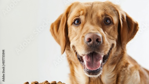 Labrador Retriever has a happy expression on his face. With a plate full of food. Pet food business. © Annawet boongurd