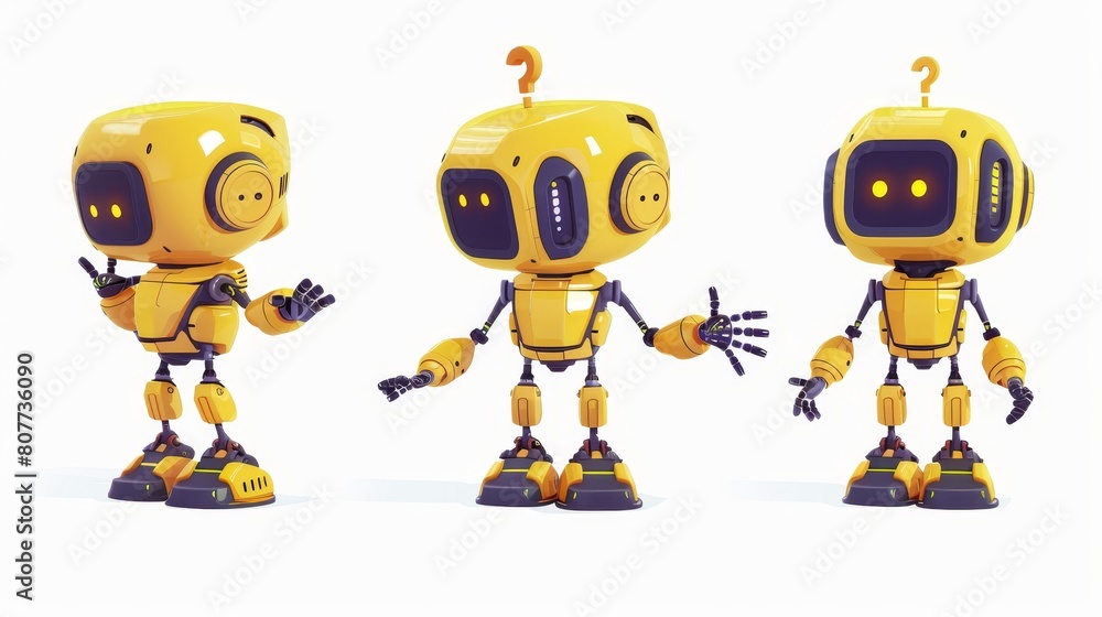 A cartoon set of a cute chat bot cartoon. Yellow funny smart conversation robot, assistant wave hello, 404 error message, and thinking with question mark, isolated on white. A cartoon set of a cute chat bot cartoon. Yellow funny smart conversation robot, assistant wave hello, 404 error message, and thinking with question mark, isolated on white.