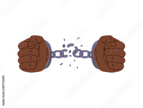 Vector logo of strong hands clenched into fists breaking the restraining handcuffs an isolated white background