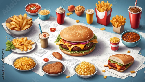 All Fast Food collection set, isolated on white background. Fried chicken, fries, pizza, sandwich, chicken nuggets, eggs and bacon, shawarma, prawns. Junk food of Fast Food set. Closeup of fast foods.