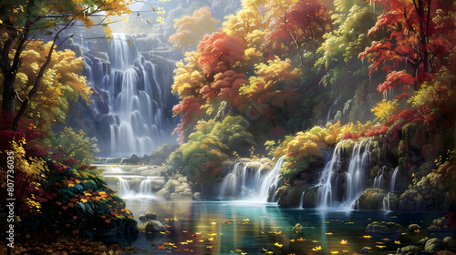 In autumn, the forest is full of colorful leaves and waterfalls © DESIRED_PIC
