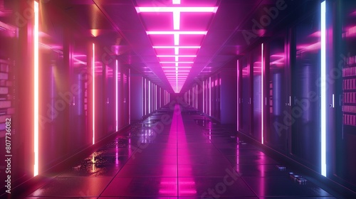 Futuristic server room with neon pink and purple lighting and reflective floor surfaces.